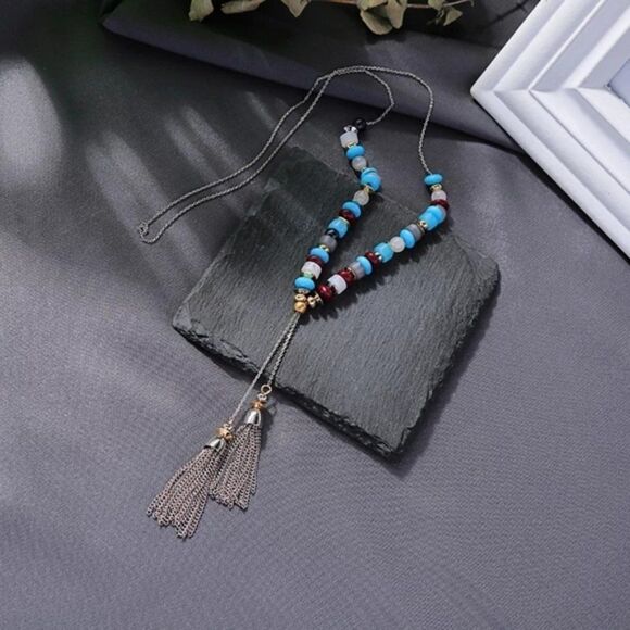 Blue Beaded Tassel Fringe Lariat Long Vintage Silver Pendant Statement Necklace - Picture 6 of 8